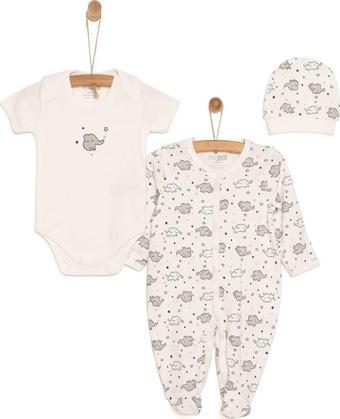 HelloBaby Yenidoğan Bebek Sevimli Fil Kendinden Eldivenli Tulum-Body-Şapka 3lü Set Unisex