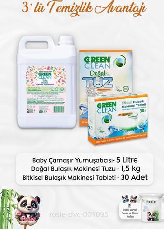 Green Clean Baby Çamaşır Yumuşatıcı 5 lt, B.Makinesi Tableti 30'lu, Makine Tuzu 1.5 kg ve ROSIE