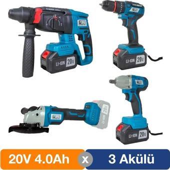 Catpower 1380 Kömürsüz 20V 4.0Ah 3 Akülü 4’lü Set - Kırıcı Delici - Avuç Taşlama - Darbeli Vidalama - Somun Sıkma