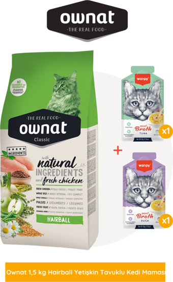 Ownat Hairball Yetişkin Tavuklu Kedi Maması 1,5 Kg Wanpy Hediyeli