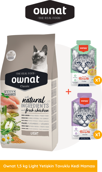 Ownat Light Yetişkin Tavuklu Kedi Maması 1,5 Kg Wanpy Hediyeli