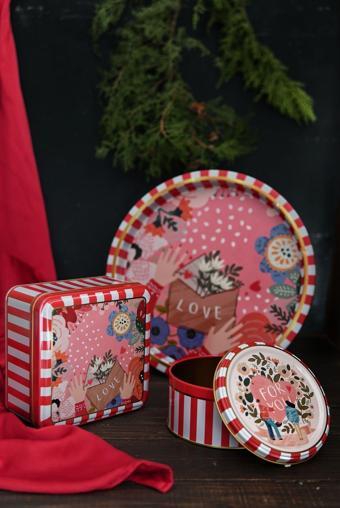 Evle 3 Lü Yılbaşı Set, 15.8 X 15.8 X 8 Cm, Ø14 X 7 Cm, Ø31.5 Cm Tepsi, Love Letter Erb575S