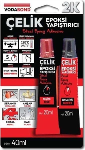 Vodaband 20ML+20ML Çelik Epoksi Yapıştırıcı Siyah+Beyaz(Reçine+Sertleştirici)