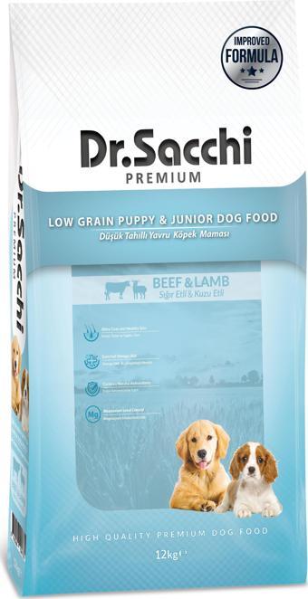 Dr.Sacchi Premium Düşük Tahıllı Sığır Etli ve Kuzu Etli Yavru Köpek Maması 12 Kg