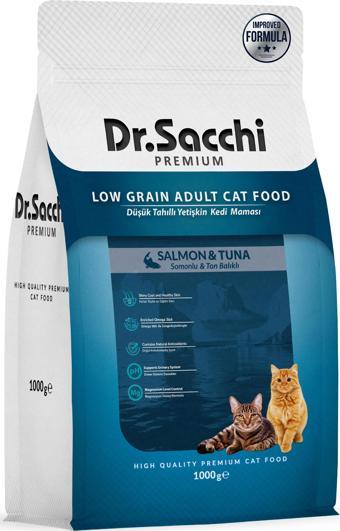 Dr.Sacchi Premium Düşük Tahıllı Somonlu ve Ton Balıklı Yetişkin Kedi Maması 1 Kg 