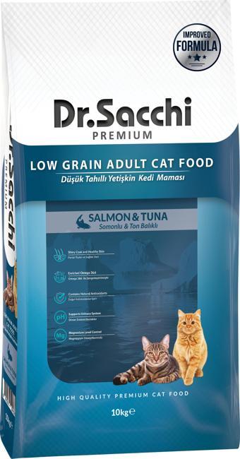 Dr.Sacchi Premium Düşük Tahıllı Somonlu ve Ton Balıklı Yetişkin Kedi Maması 10 Kg