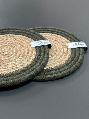 Rope Decor Hasır Bardak Altlığı 2 Adet 14Cm - Yeşil Şeritli Jüt Mum Altlığı Kahve Sunum Seti Kupa Altlığı