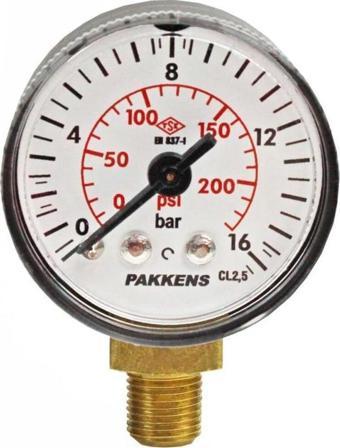 Pakkens 0-16 Bar 40 mm Alttan Bağlantılı Kuru Manometre G 1/8 inç