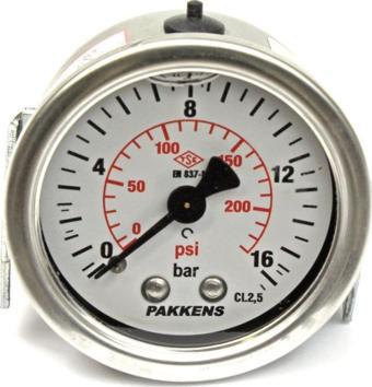 Pakkens 0-16 Bar 50 mm Arkadan Bağlantılı Panotipli Gliserinli Manometre G 1/4 inç