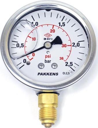 Pakkens 0-2.5 Bar 63 mm Alttan Bağlantılı Gliserinli Manometre G 1/4 inç