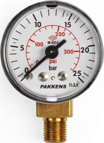 Pakkens 0-25 Bar 40 mm Alttan Bağlantılı Kuru Manometre G 1/8 inç