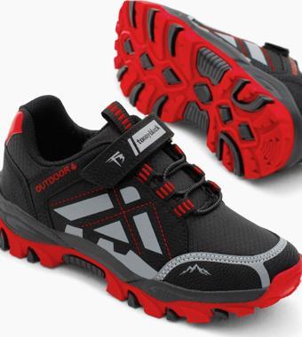 Tonny Black Çocuk Unisex Siyah Kırmızı Termo Taban Su İtici Kumaş Cırtlı Trekking Ayakkabı