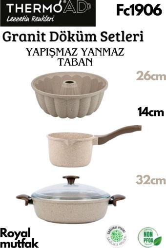 Thermoad Döküm Granit Vizon Karnıyarık Tencere 32Cm+Dilimli Kek Kalıbı+ Döküm Granit Sütlük -Sosluk 1Lt.
