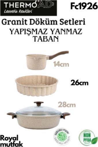 Thermoad Döküm Granit Karnıyarık Tencere 28 Cm + Granit Tart Kalıbı Vizon 26Cm + Granit Sütlük-Sosluk