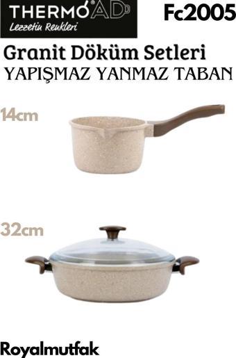 Thermoad Döküm Granit Vizon Karnıyarık Pilav Tencere 32Cm +  Döküm Granit Sütlük - Sosluk / Vizon 14Cm