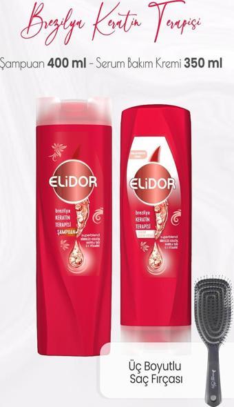 Elidor Superblend Brezilya Keratin Terapisi Şampuan 400 ml, Serum Bakım Kremi 350 ml ve Üç Boyutlu Saç Fırçası