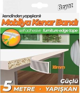 Kendinden Yapışkanlı Masa,Raf,Dolap,Komodin,Mobilya Kenar Bandı 18mmX5 Metre-Beyaz