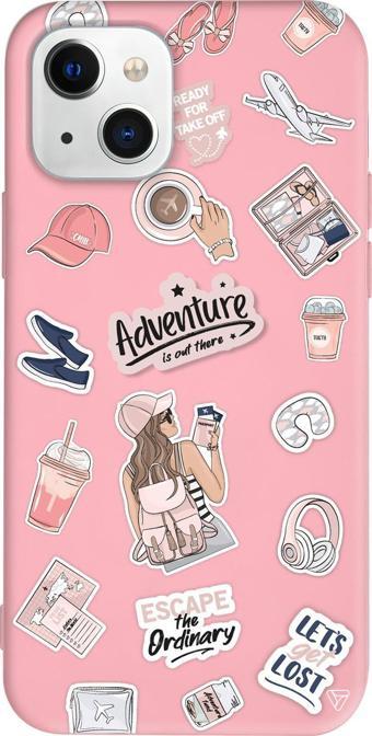 iPhone 15 Uyumlu Pembe Renkli Silikon Adventure Sticker Koleksiyonu Telefon Kılıfı