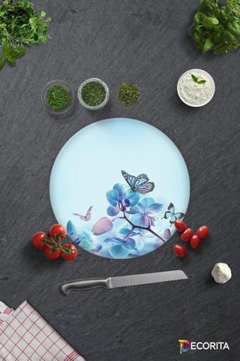 Cam Kesme Tahtası - Cam Kesme Tablası | Mavi Çiçek ve Kelebek Desenli | Çap32cm
