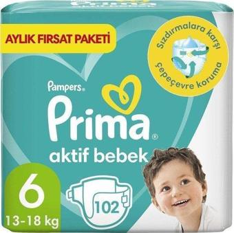 Prima Aktif Bebek 6 Beden Bebek Bezi 102 Adet Ekstra Large Aylık Fırsat Paketi