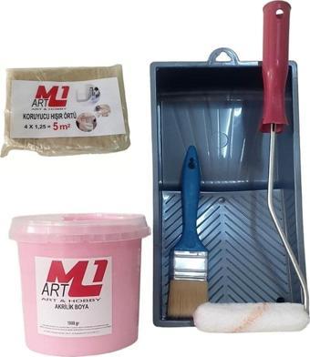 M1 Art Pembe Akrilik Boya 1.Kg Tava+Rulo+Örtü +Fırça -Set -Ahşap, Tuval, Seramik , Duvar ,Taş