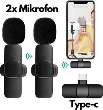 Abbruch Kablosuz Yaka Mikrofonu Type-C 2 Adet Mini Mikrofon Youtube/Tiktok/Reels/Podcast Çekim Mikrofonu
