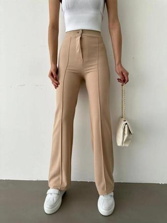 My Love Kadın Krep Kumaş Likralı Önü Çimalı İspanyol Paça Palazzo Pantalon Bej L