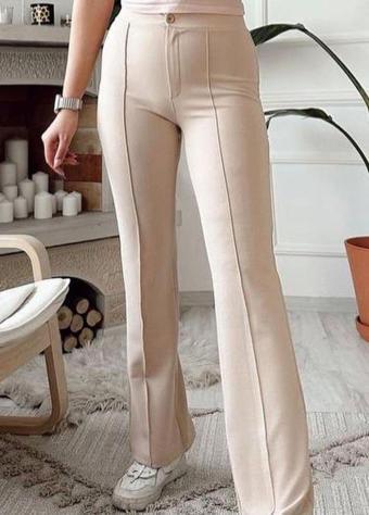 My Love Kadın Krep Kumaş Likralı Önü Çimalı İspanyol Paça Palazzo Pantalon Krem L