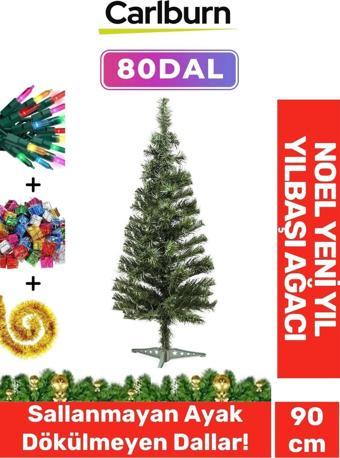 Kutulu Süsleme Seti Yılbaşı Çam Ağacı Renkli Işığı Yeni Yıl 2025 Süsleri Noel Paketi 90 Cm 80 Dal