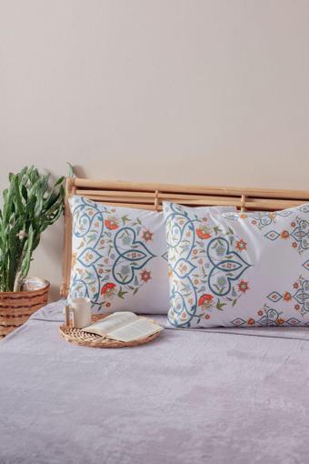 Mislina 2'Li Beyaz Mavi Çiçek Desen Yastık Kılıfı Pamuk Polyester Kolay Ütülenir 50X70