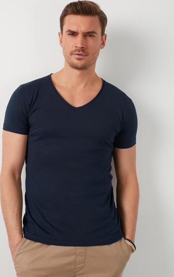 Buratti % 100 Pamuk Slim Fit V Yaka Basic Erkek T Shirt 5412001 LACİVERT