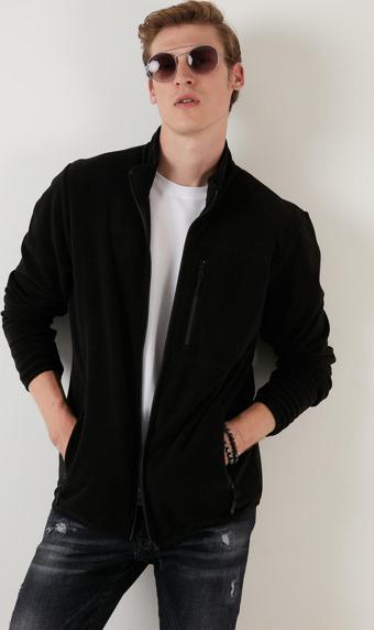 Buratti Slim Fit Fermuarlı Cepli Dik Yaka Polar Erkek Hırka 5906028 SİYAH