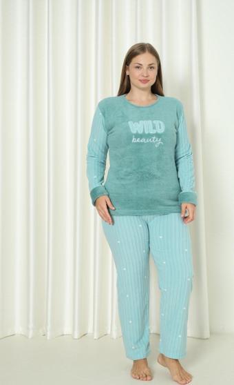 Fawn 3500 Peluş Welsoft Polar Kışlık Nakışlı Büyük Beden Kadın Pijama Takımı