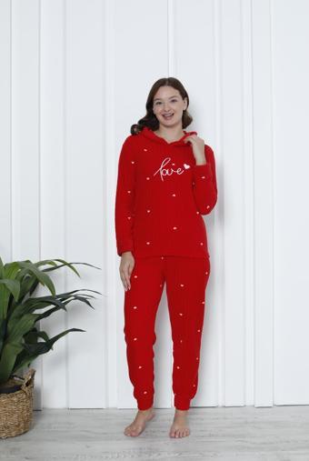 Fawn 3901 Peluş Welsoft Polar Kışlık Kapşonlu Love Kadın Pijama Takımı