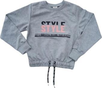 Kız Çocuk Önü Style Yazı Desenli Beli Bağlamalı Gri Renk Sweatshirt