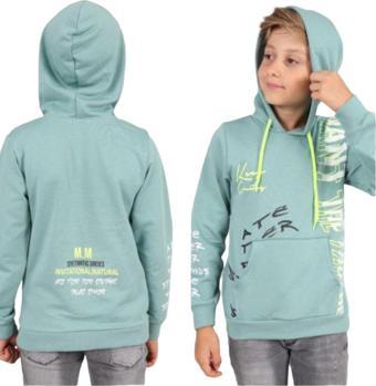 Erkek Çocuk Önü Arkası Yazı Desenli Kanguru Cepli Yeşil Renk Kapüşonlu Sweatshirt