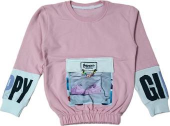 Kız Çocuk Zincir Detaylı Kolu Yazılı Torba Cepli Şardonlu Pudra Renk Sweatshirt