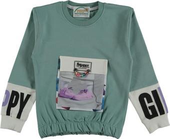 Kız Çocuk Zincir Detaylı Kolu Yazılı Torba Cepli Şardonlu Yeşil Renk Sweatshirt