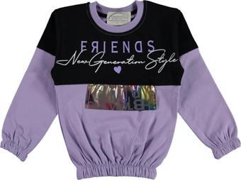 Kız Çocuk Friends Yazı Desenli Reflektörlü Bel Bilek Lastikli Mor Siyah Renk Şardonlu Sweatshirt