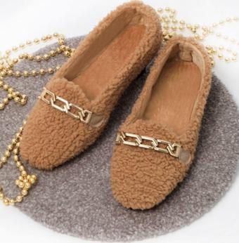 Renklibutik Peluş Tüylü Zincirli Kadın Ev Ayakkabısı Babet