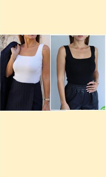 Qu Style Kadın Sevgililer Günü Özel Kare Yaka Triko Atlet Bluz Siyah Beyaz Siyah - Beyaz Standart