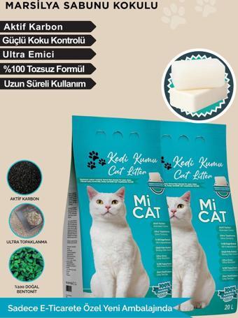 Mi Cat 2X20 L Marsilya Sabun Kokulu Kedi Kumu Koku Hapseden Aktif Karbonlu Süper Topaklanan Ve Tozsuz