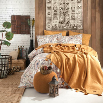 İyi Geceler İstanbul Boho Chic Çift Kişilik Battaniyeli Hardal Nevresim Takımı