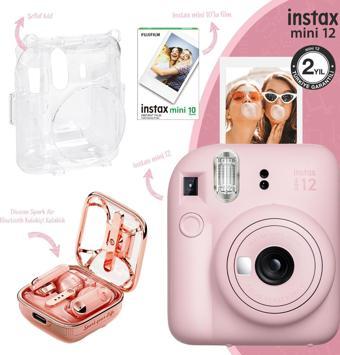 Instax mini 12 Pembe Fotoğraf Makinesi-10'lu Film-Şeffaf Kılıf ve Divoom Spark Air Pembe TWS Bluetoo