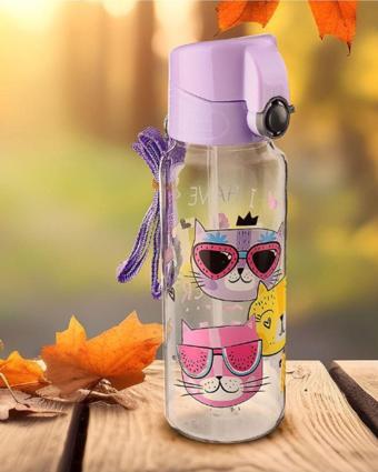 Relaxion Desenli Mor Sevimli Kedi Şeffaf Pipetli Matara Suluk 500ml