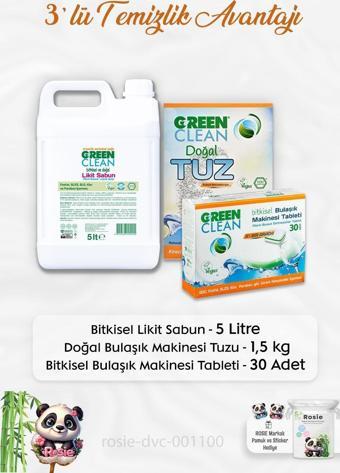 Green Clean Likit Sabun 5 lt, B.Makinesi Tableti 30'lu, Makine Tuzu 1.5 kg ve ROSIE