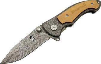 Browning 2-31 Damascus Kamp Çakı 19,5cm - Yarı Otomatik, Kemerlikli, Ahşap; Metal Sap