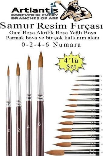 Resim Fırçası 0 - 2 - 4 - 6 Numara 1 Paket 4 lü Samur Yuvarlak Uçlu Fırça Seti Guaj Sulu Akrilik Yağlı Boya Fırçaları