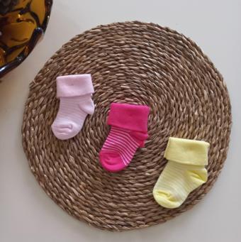 MARS BABY Kız Bebek Pembe Fuşya Sarı 3lü Kıvrık Soket Çorap