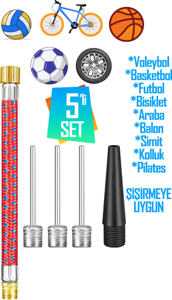 Top Şişirme İğnesi Seti 5'li Set Voleybol Basketbol Futbol Bisiklet Pilates Şişirme Seti